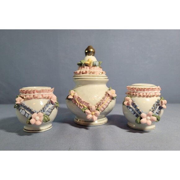 Mini Sugar Shaker Toothpick Holder Vintage Rose Garden Trinket Porcelain Set - Picture 1 of 11